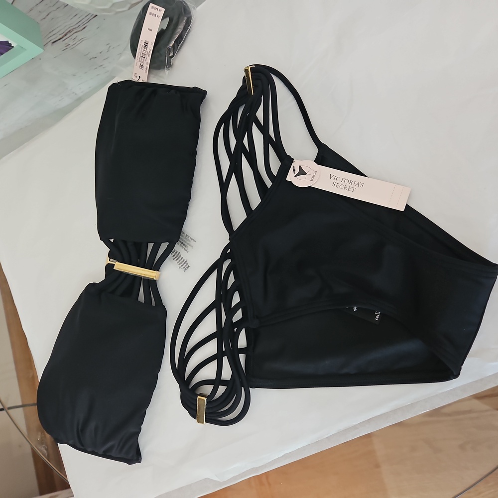 NWT Victoria Secret Black Strappy Bikini Set Top Size M Bottoms size S - Picture 3 of 17
